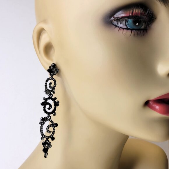 Black RHinestone Swirl Chandelier Earrings Light Chandelier Black Earrings - Picture 2 of 12